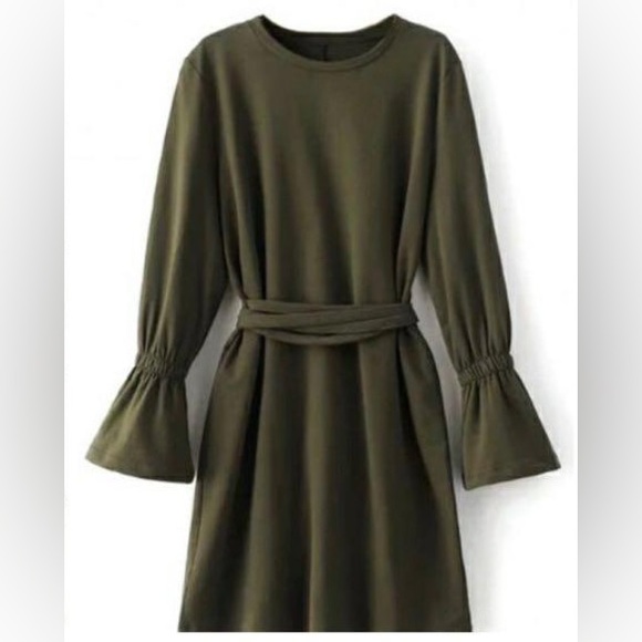 Zara Trafaluc olive green mini dress with tie wrap waist and bell sleeves - Picture 1 of 9